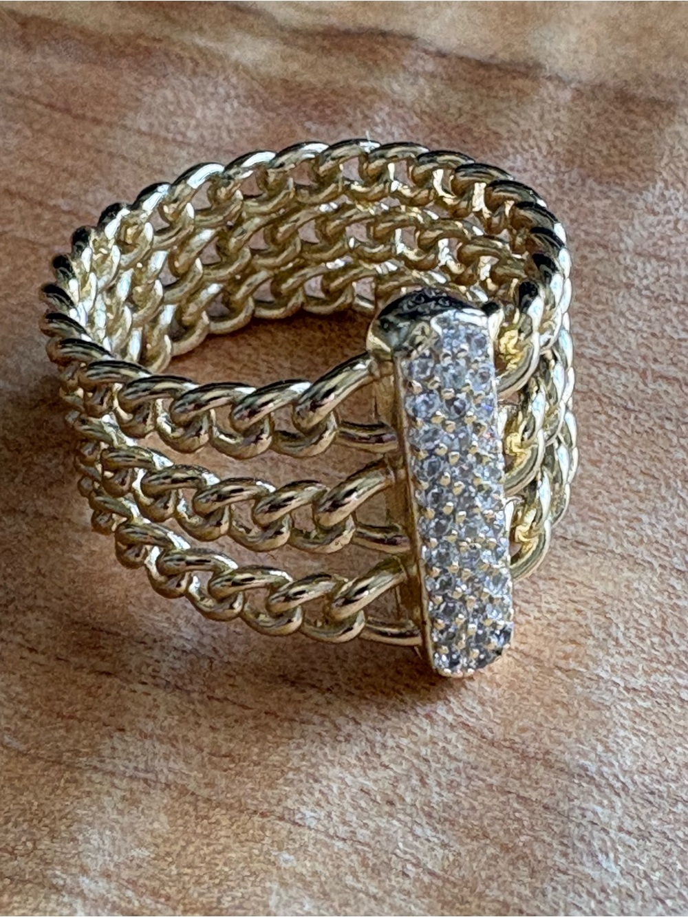 Gold over 925 Sterling Silver Chain Multi-Row Ring with Pave CZ Accents size 8
